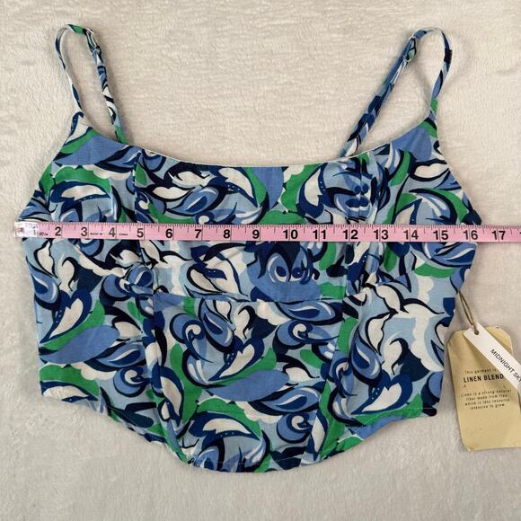 Midnight Sky Blue Green and White Floral Spaghetti Strap Crop Tank NWT Size Med - Picture 2 of 8